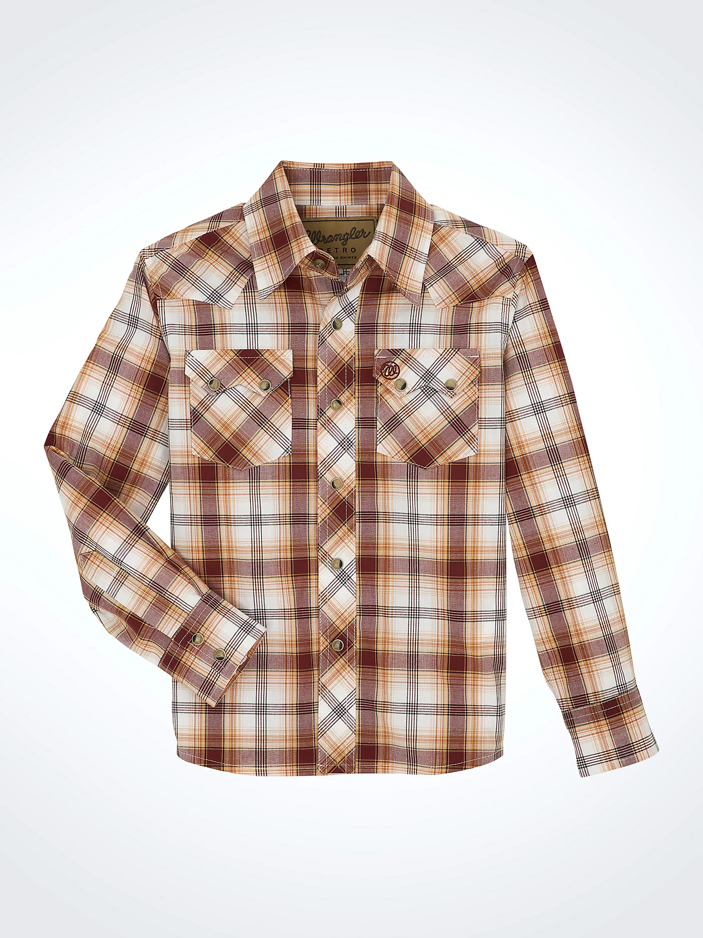 Boy's Wrangler Retro Brown Western Snap Plaid Shirt with Front Sawtooth Pockets