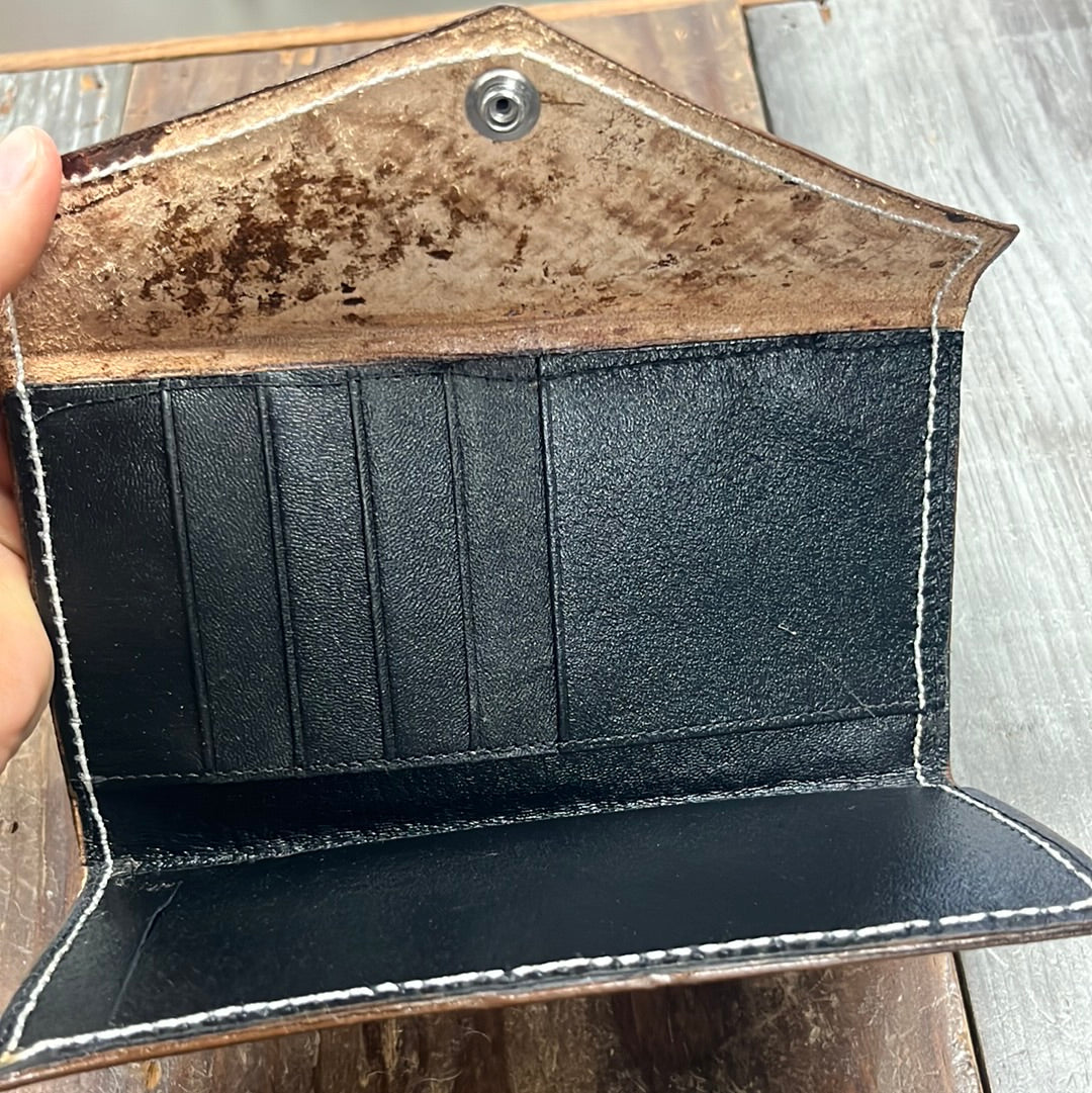 Tooled Leather Brown Basket Wallet