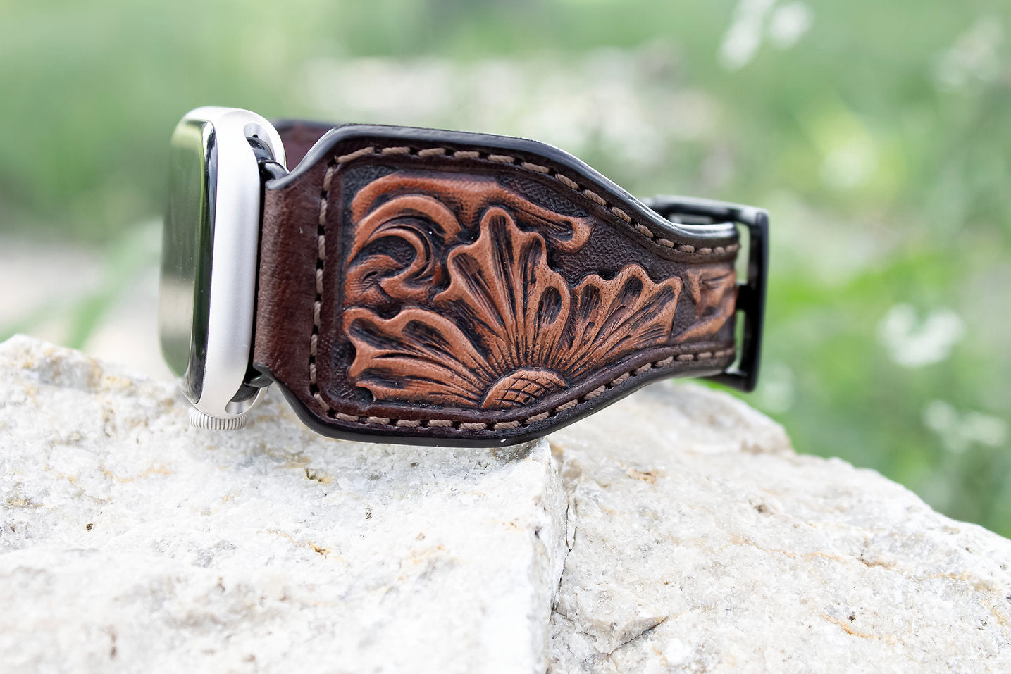 Leather Apple Watch Band Hand Carved Sheridan Flower Design