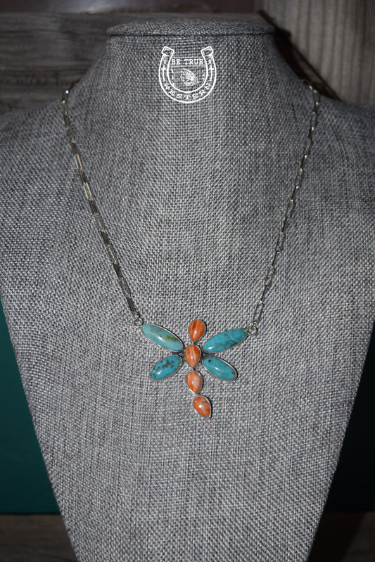 The Dragon Fly Orange and Turquoise Sterling Silver Necklace