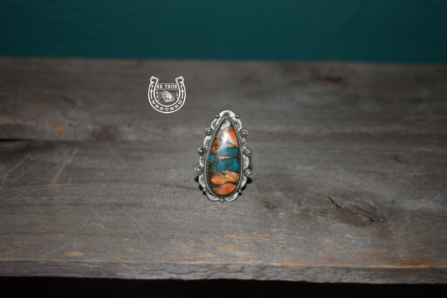 The White Buffalo and Orange Turquoise Adjustable Ring