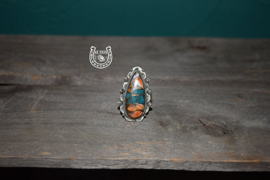The White Buffalo and Orange Turquoise Adjustable Ring