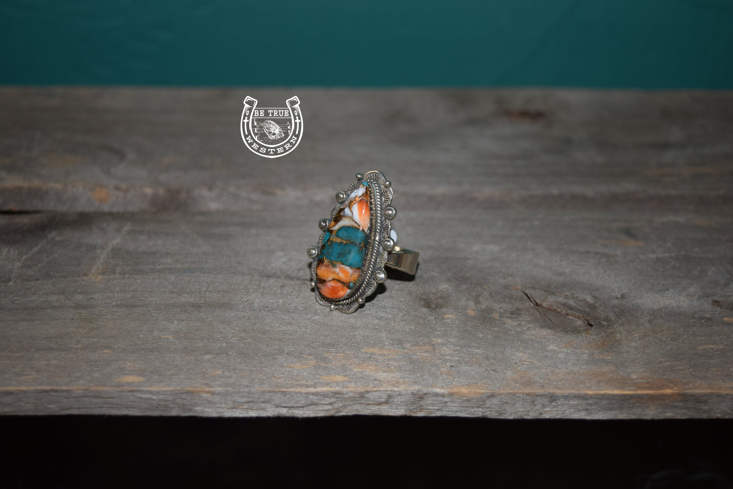 The White Buffalo and Orange Turquoise Adjustable Ring