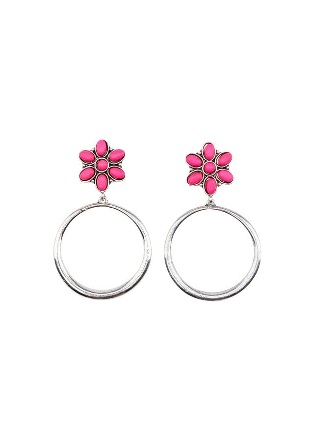 Silver Dangle Hoop Earring on Pink Flower Post