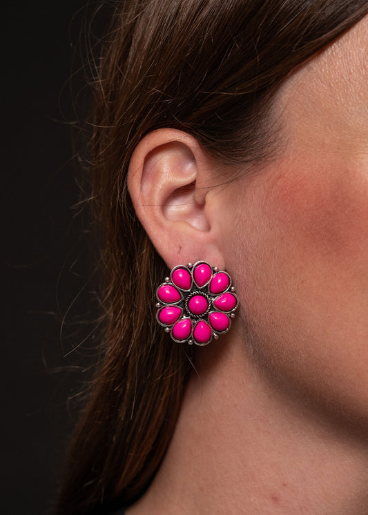 The Burnished Silver and Pink Flower Stud Earring