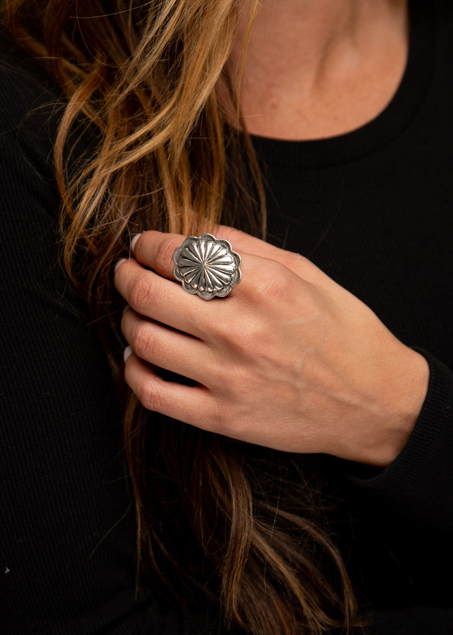Large Burnished Silver Adjustable Concho Ring