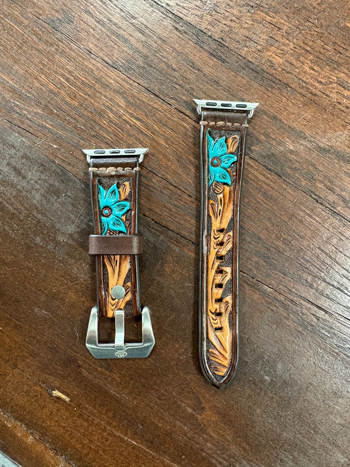 Leather Taper Brown Background Turquoise Flower Apple Watch Band