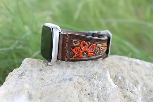 Leather Apple Watch Band Hand Carved Floral Design/Orange Flower