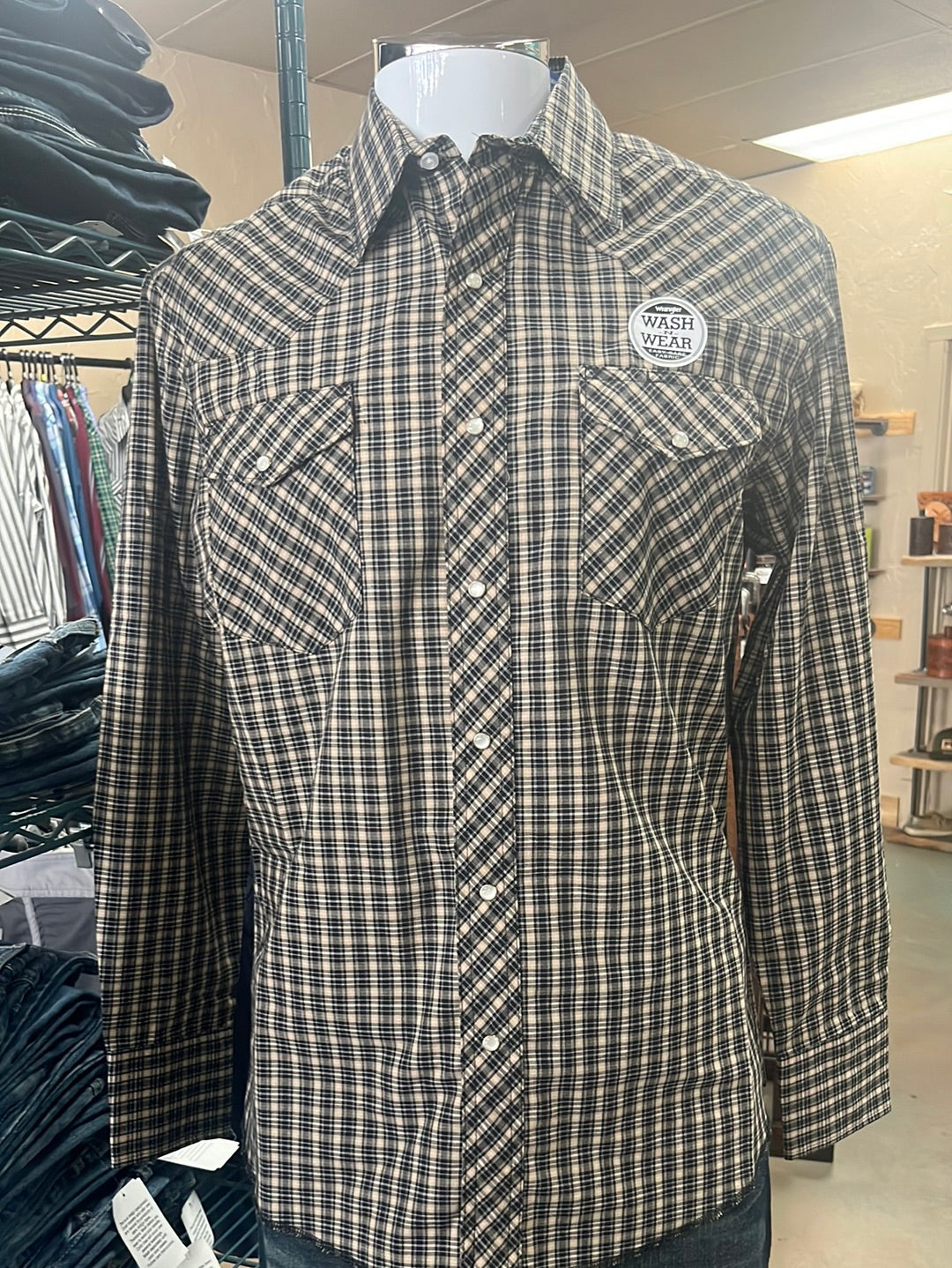 Mens Taupe and Black Wrangler Button Up Shirt