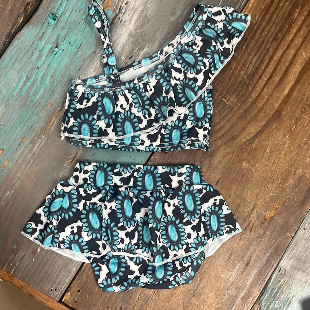Girls Turquoise Squash Blossom Swimsuit