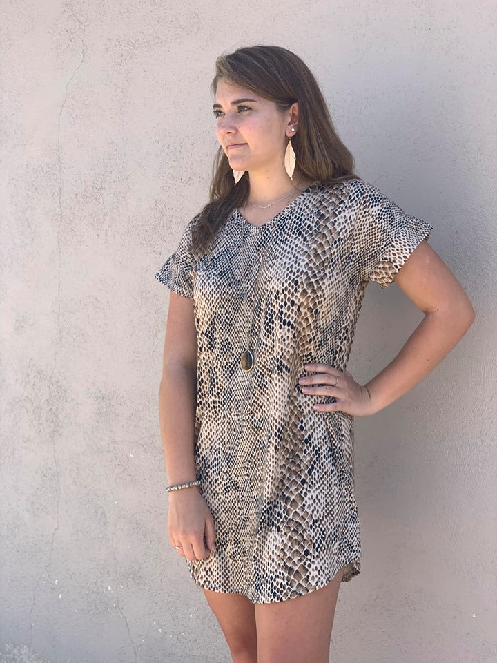 Women's Brown and Cream Snake Skin Dress