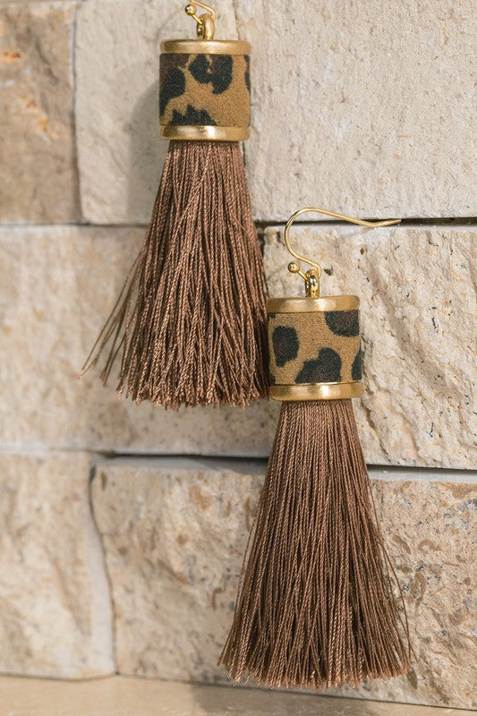Leopard/Brown Threaded Tassel Earrings