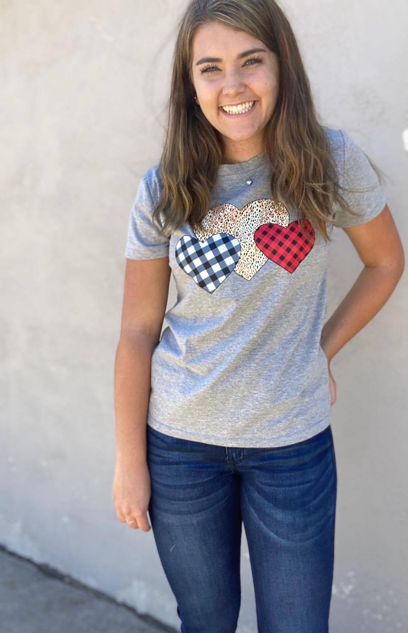 Valentine's Day Grey Plaid/Leopard Heart Tee