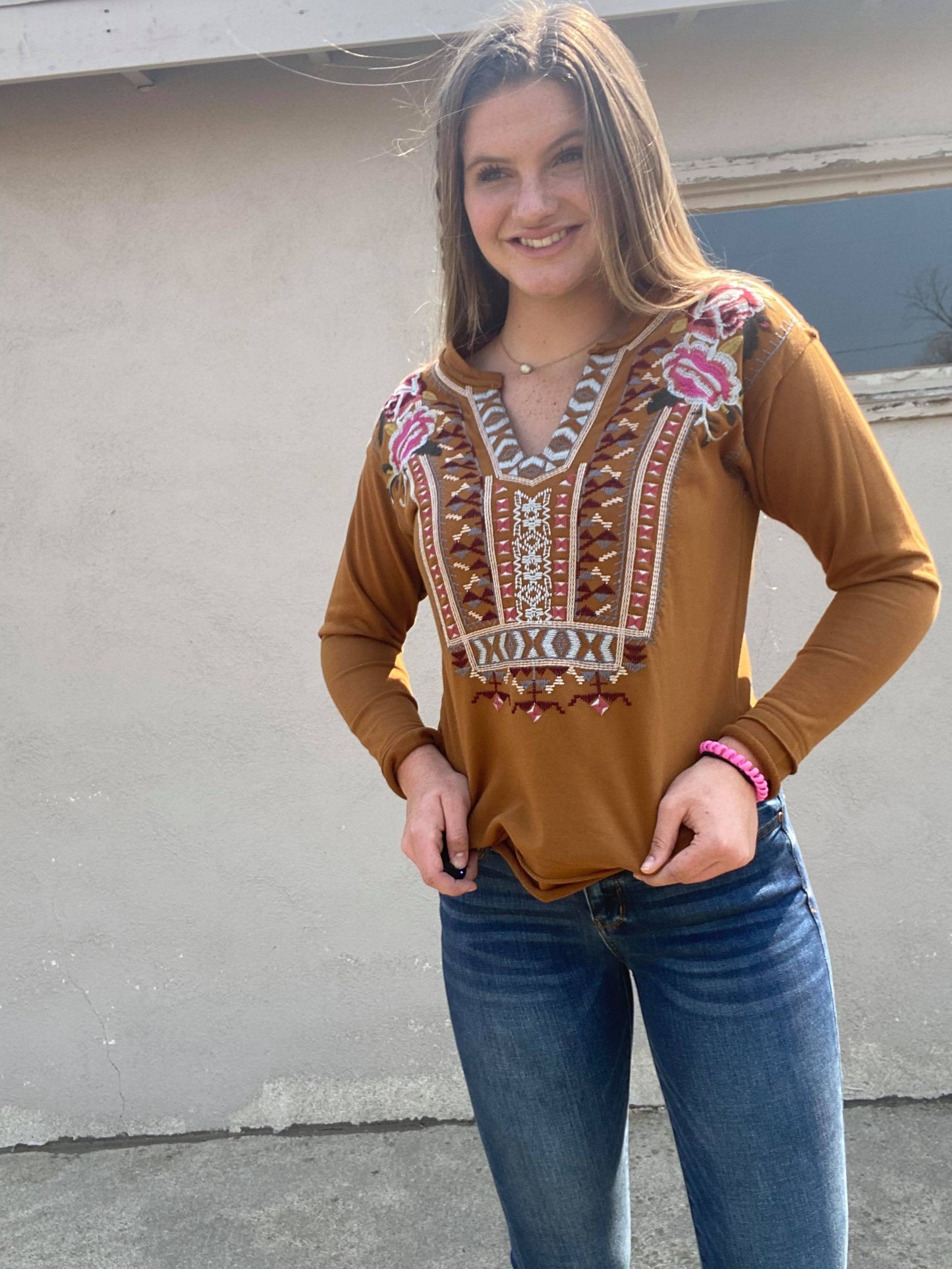 L&B Mocha Embroidered V-Neck