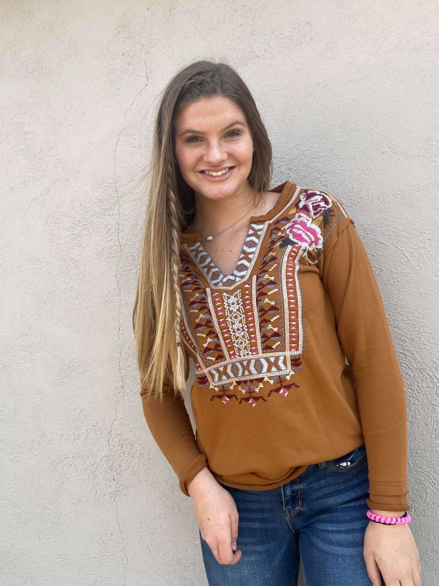 L&B Mocha Embroidered V-Neck