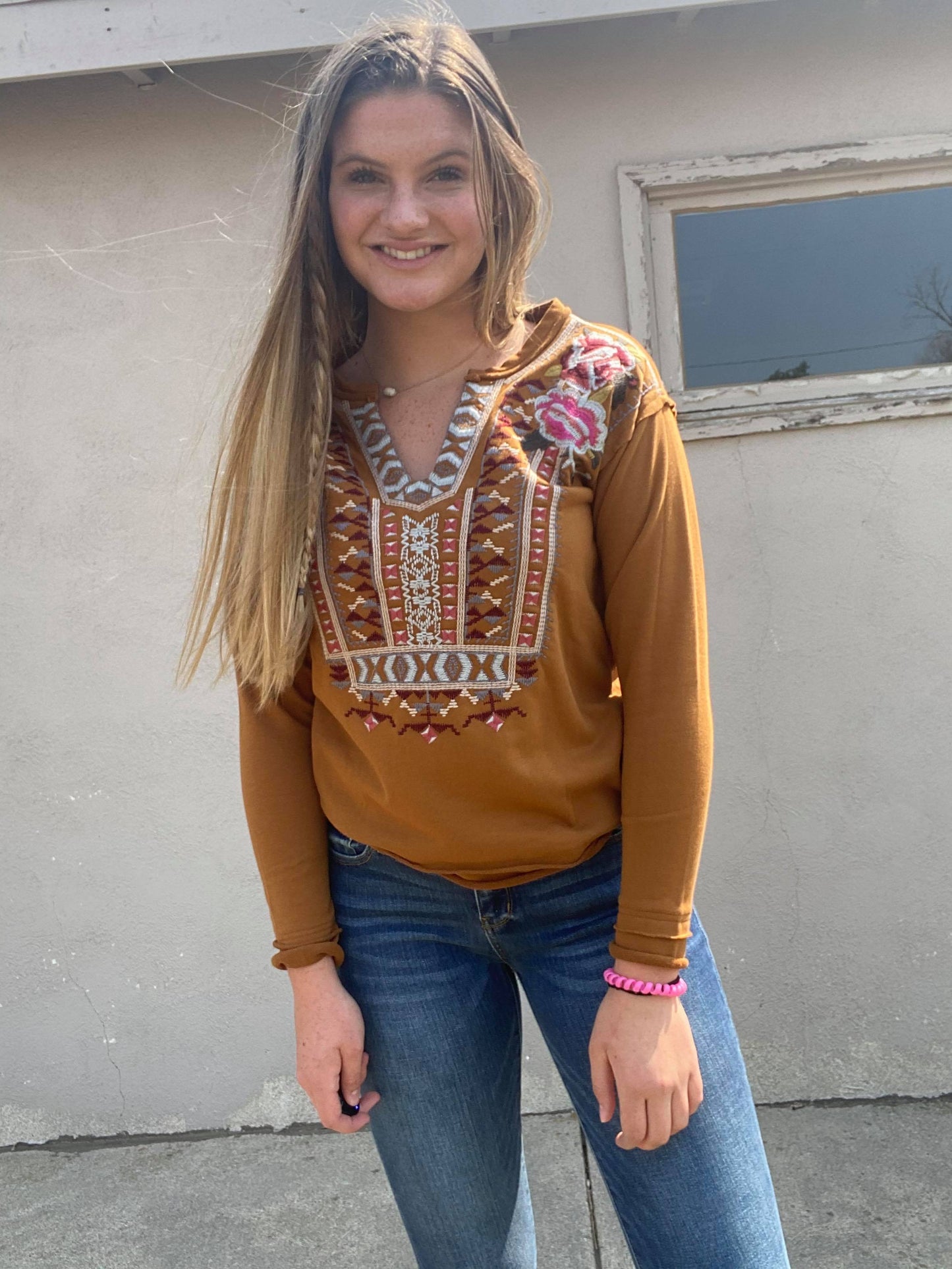 L&B Mocha Embroidered V-Neck