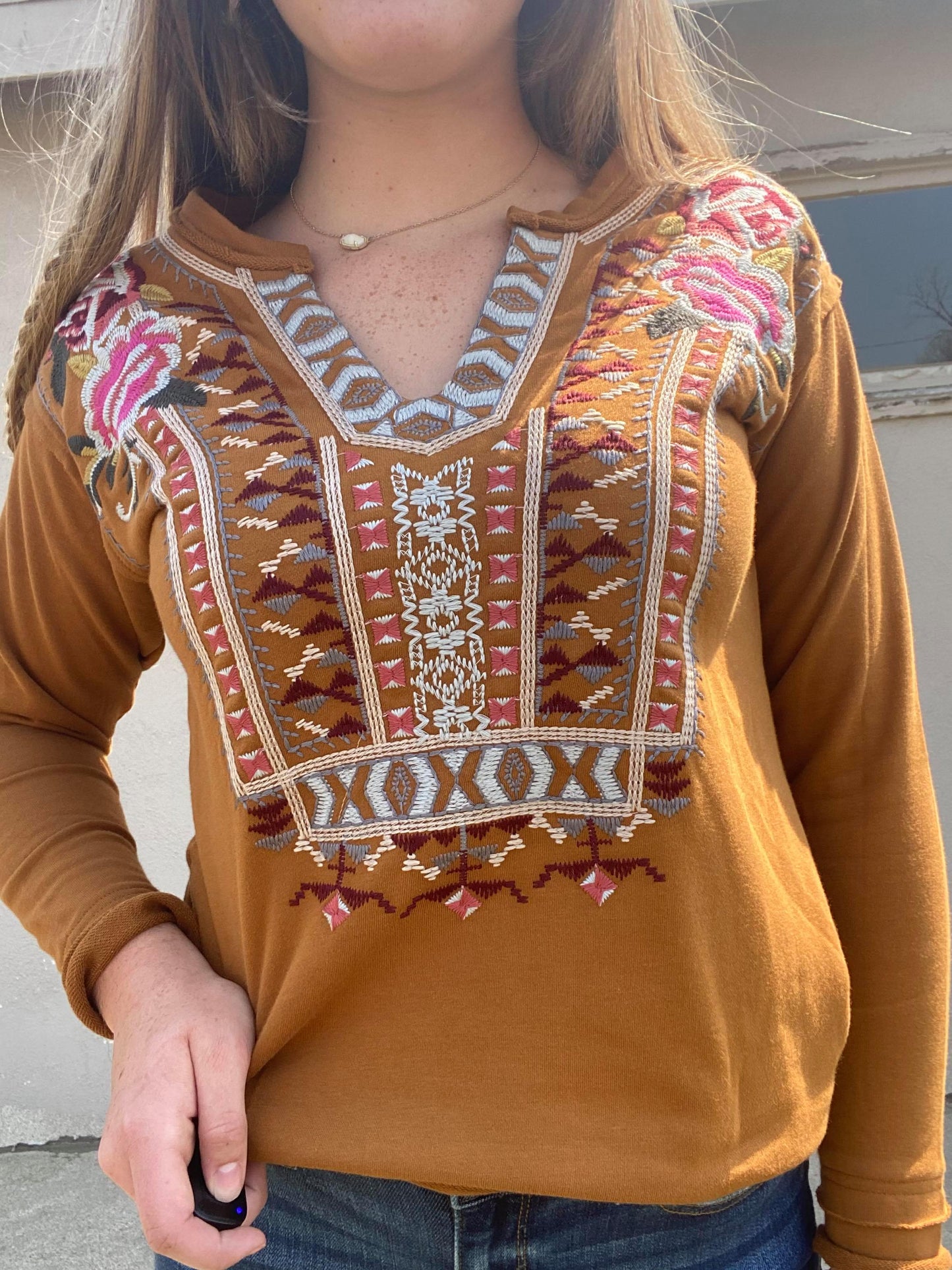 L&B Mocha Embroidered V-Neck
