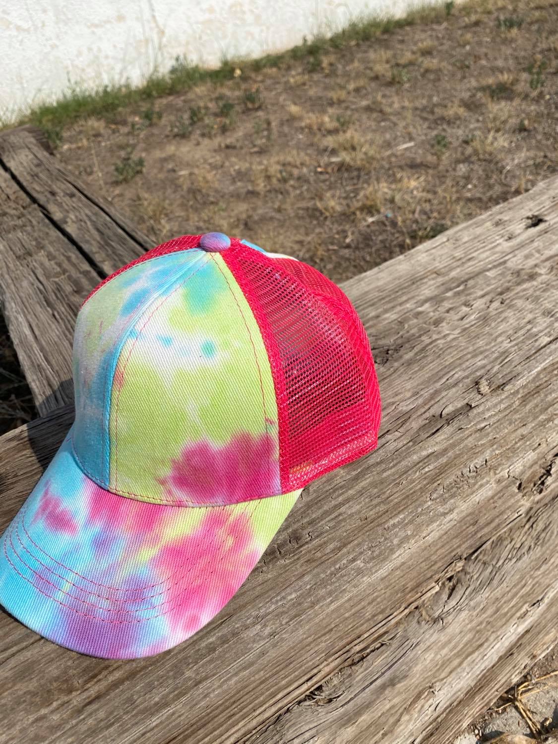 Blue, Green, and Pink Tie Dye Ball Cap Hat
