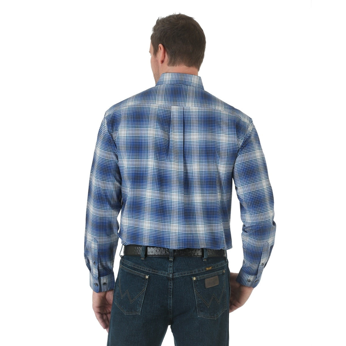 WRANGLER ADVANCED COMFORT BLUE AND BLACK PLAID WESTERN SHIRT
