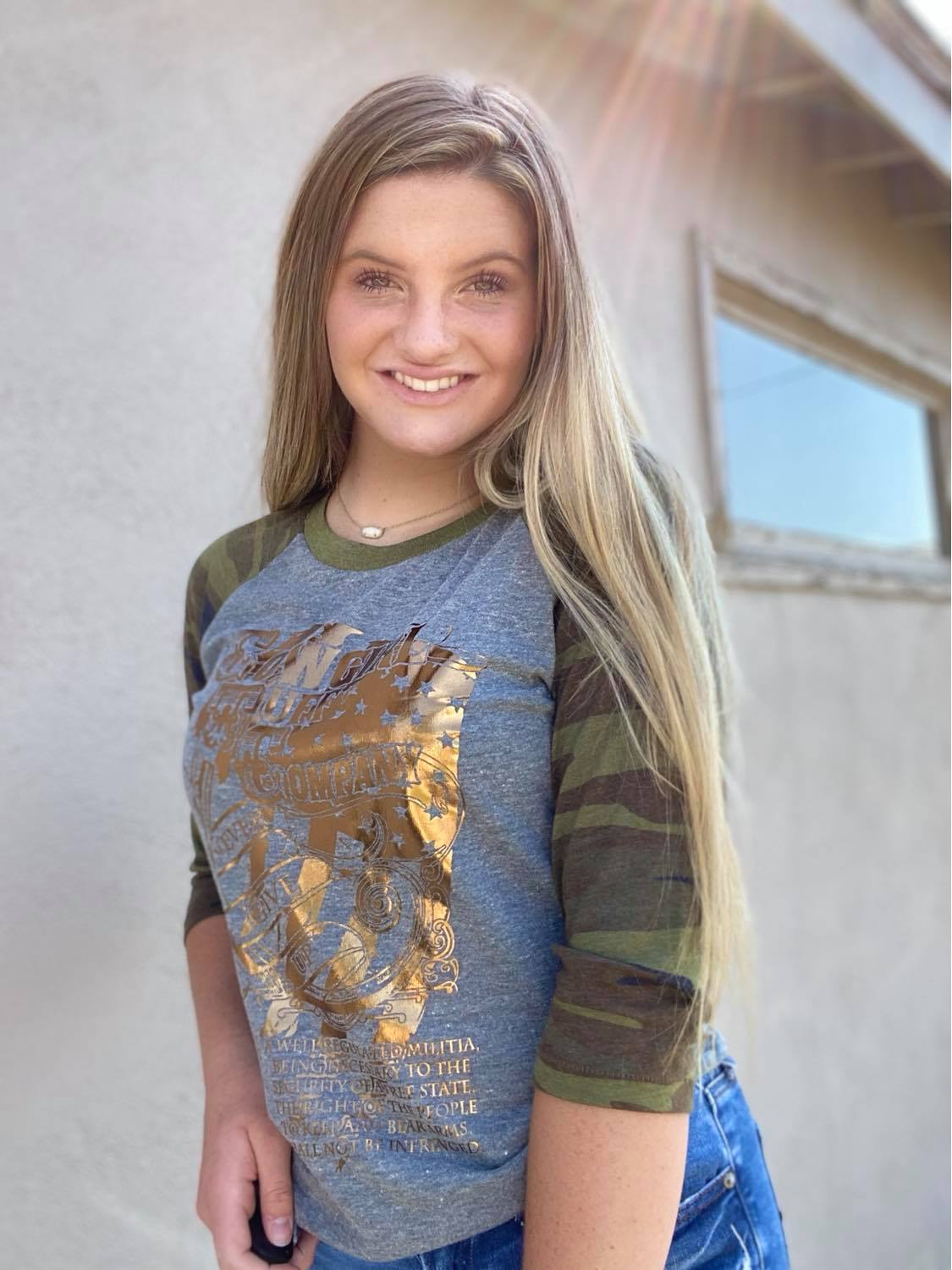Cowgirl Tuff Grey and camo baseball raglan tee WITH CTC REVOLVER PRINT