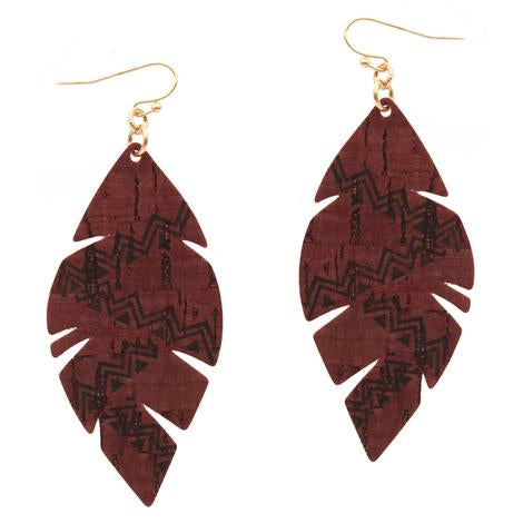 Burgundy  Feather Cork Earrings