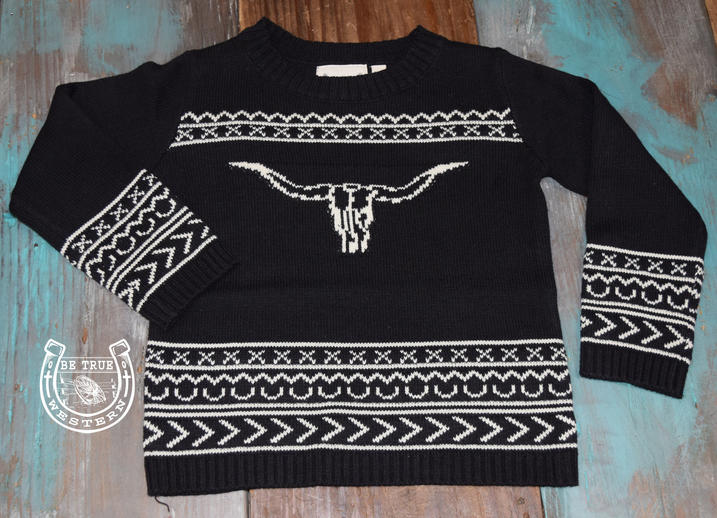 Kids Black Southwestern Bullhorn Knit Sweater