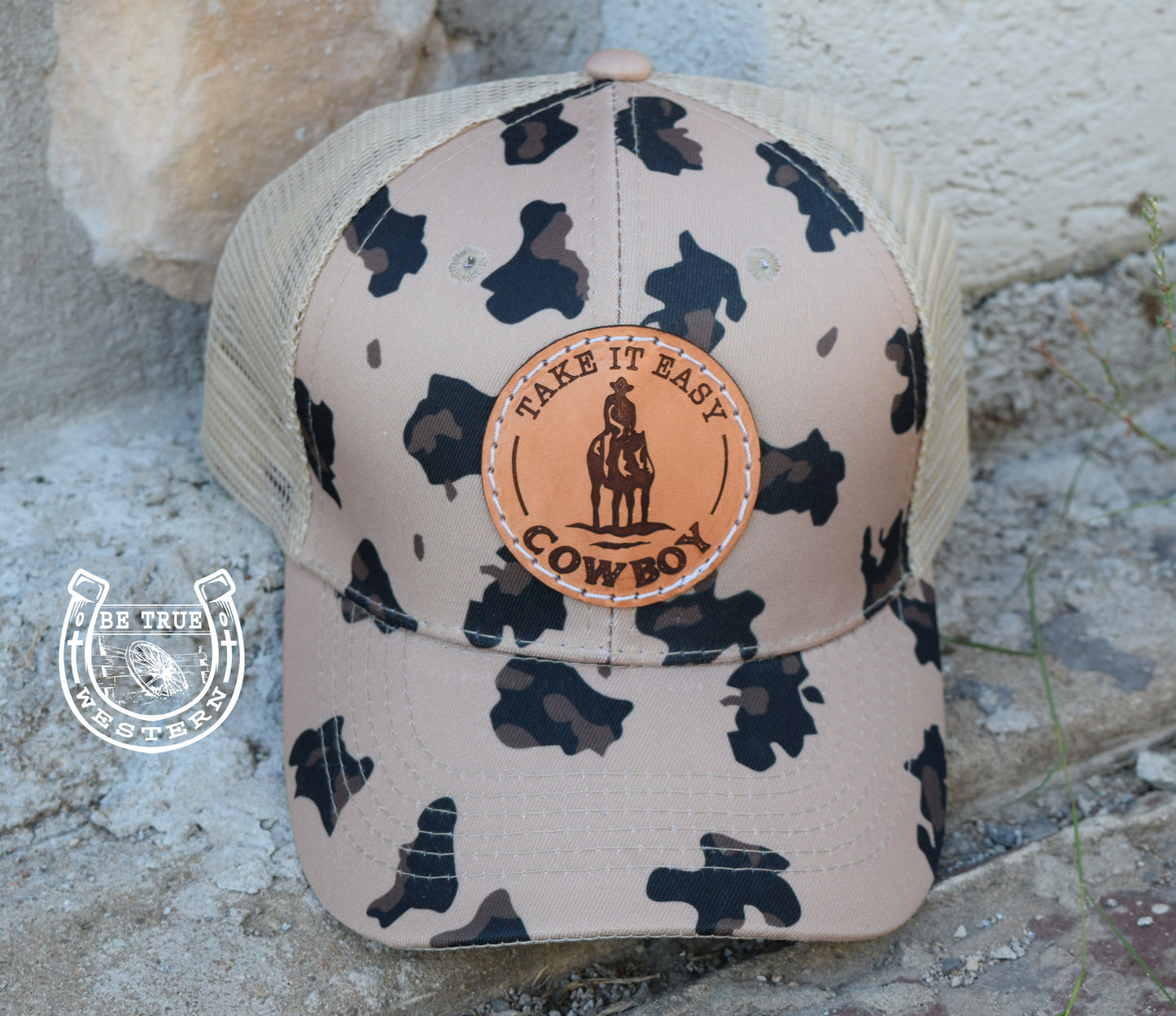 The Take it Easy Cowboy Leopard Leather Patch Cap