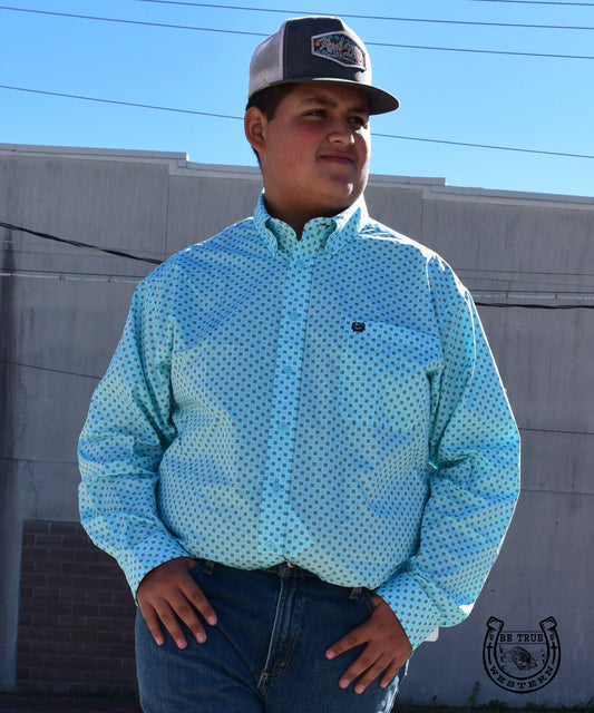 Mens Turquoise Cinch Button Down