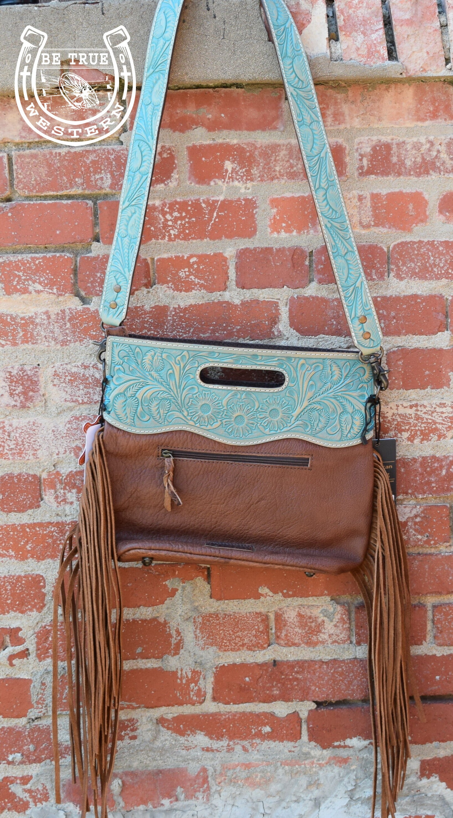 The American Darling Turquoise Leather and Hair Fringe Crossbody Purse
