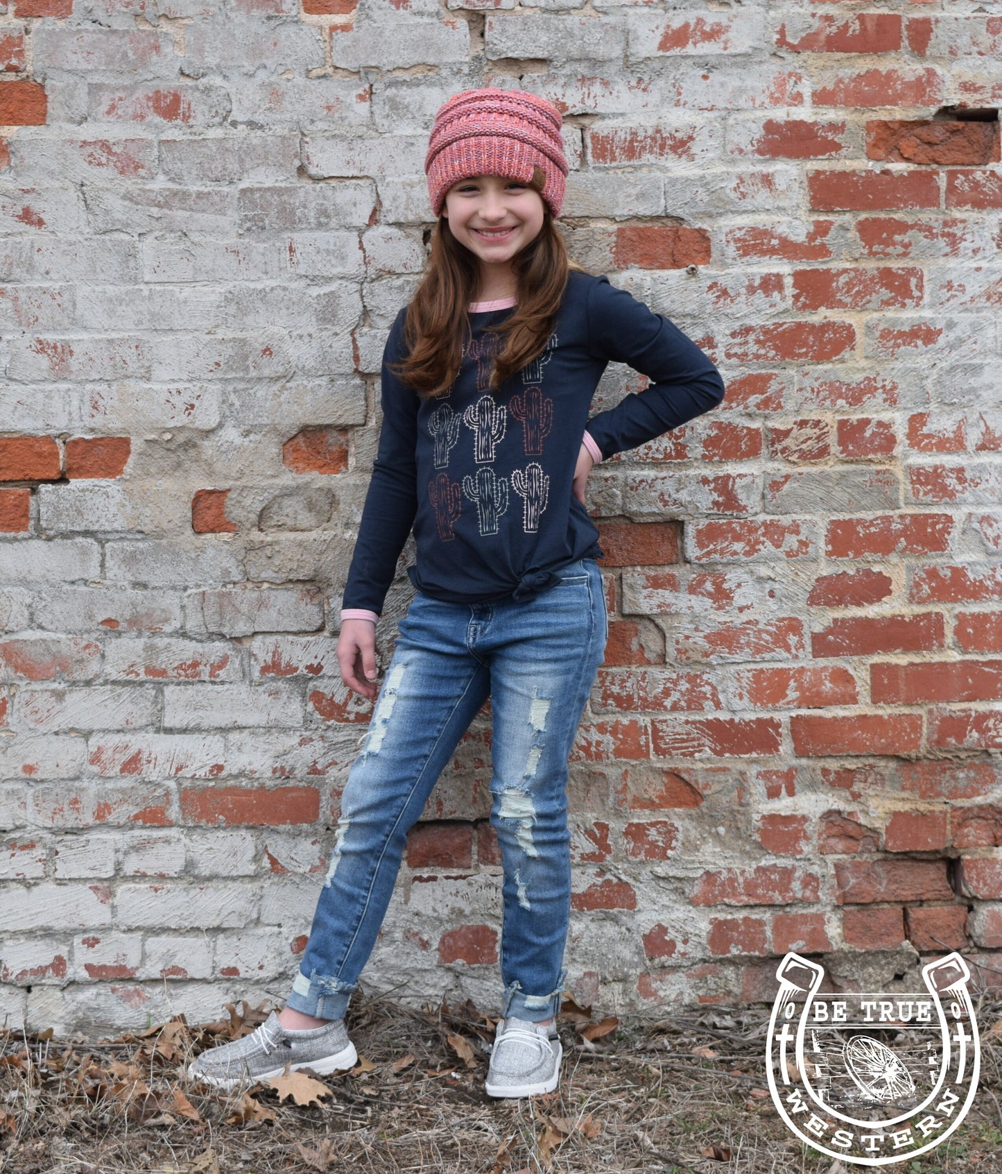 Cruel Girl Cactus Print Ringer Tee - Navy