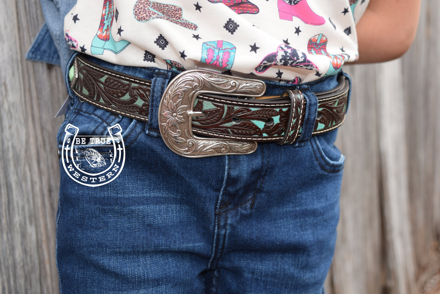 Girls Brown Floral Belt with Painted Turquoise Inlay