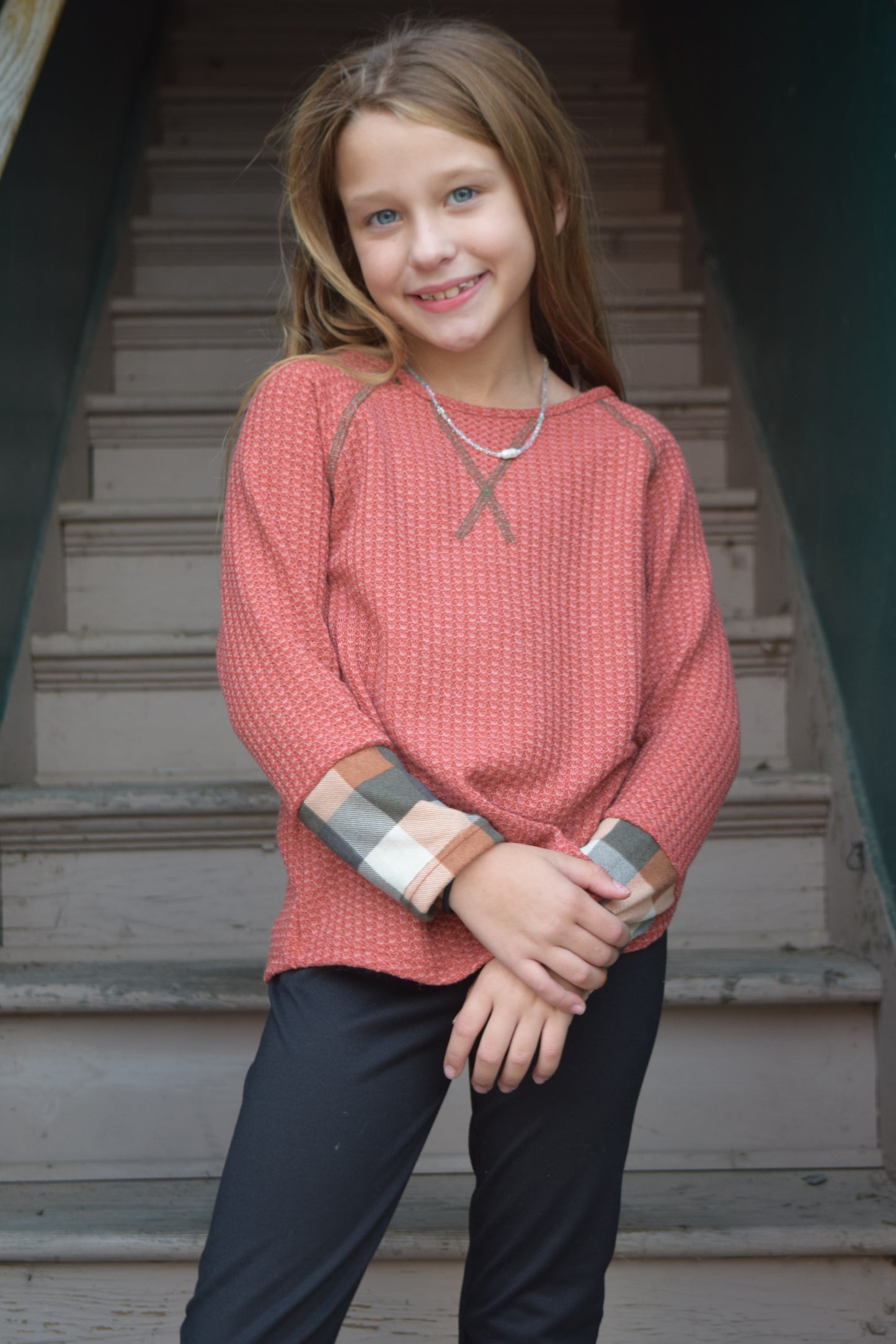 Rust Waffle Print with Plaid Longsleeve Top