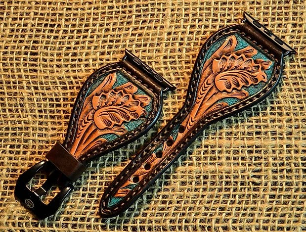 Leather Tear Drop Turquoise Background Leaf Apple Watch Band