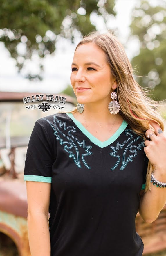 Crazy Train Black and Turquoise Stage Coach Top