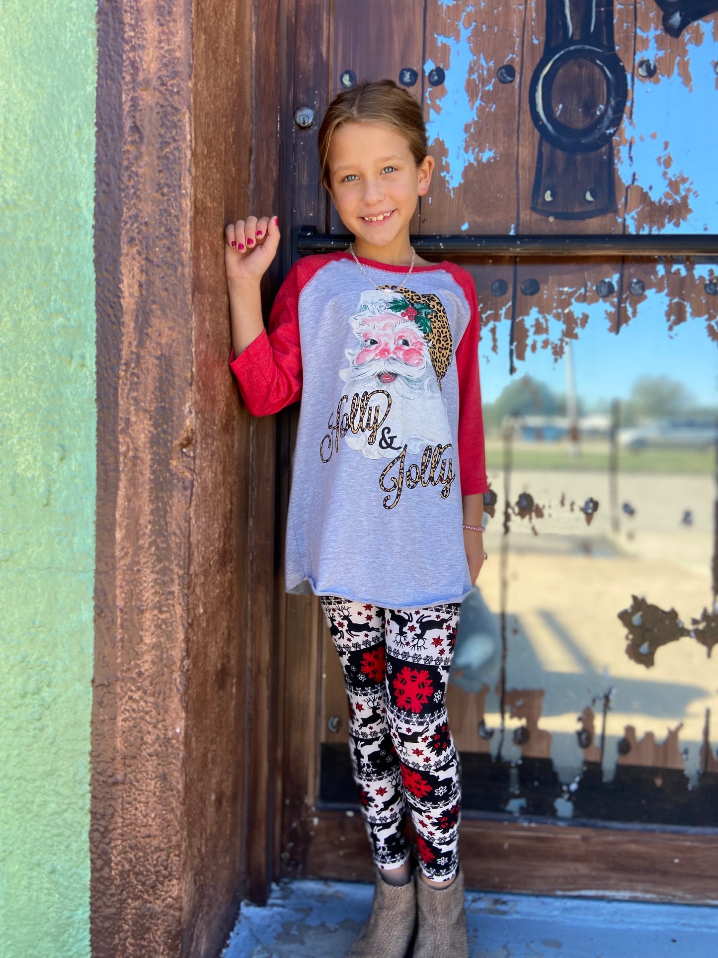 Christmas Holly & Jolly Santa Youth Baseball Tee