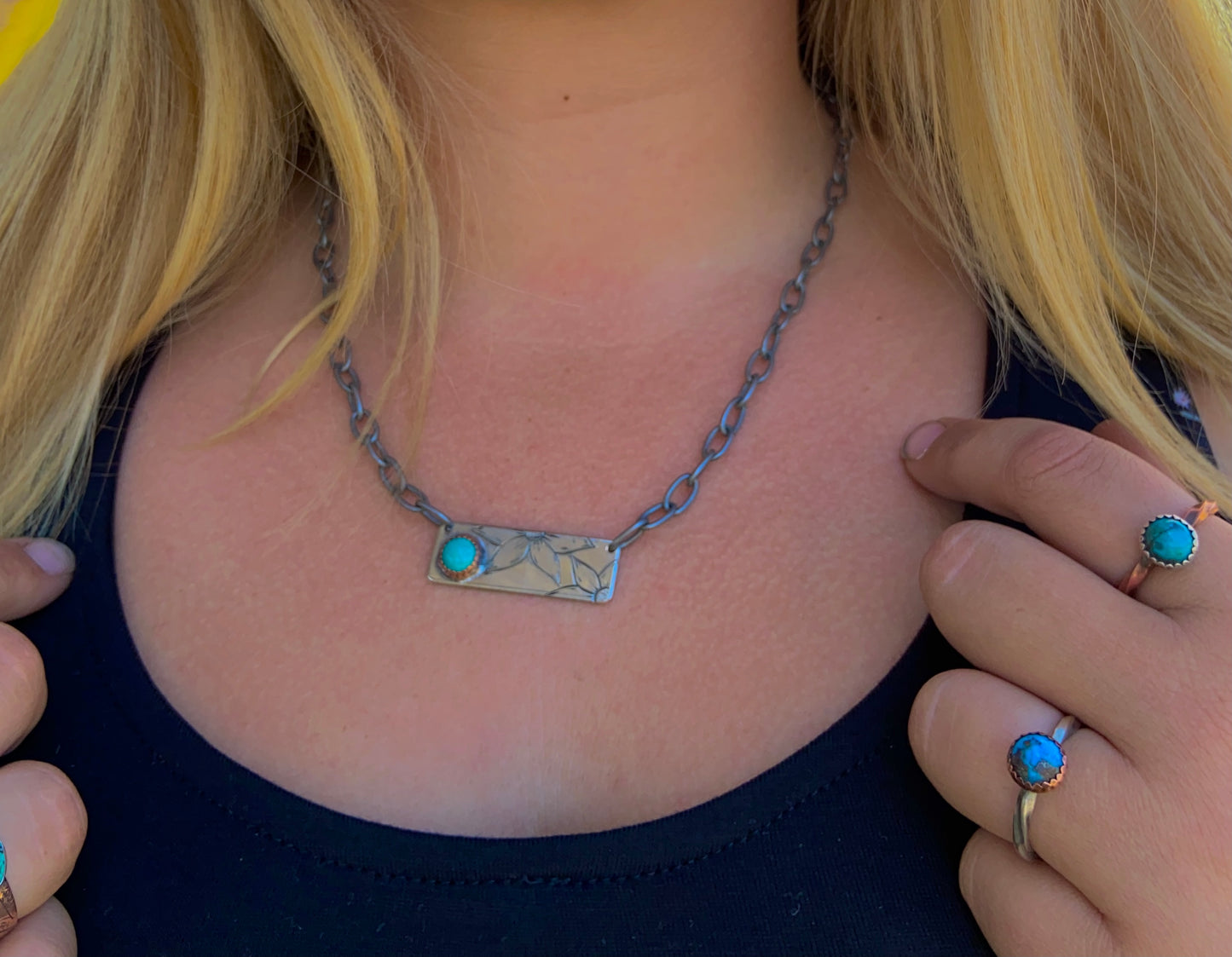 Silver Bar Chain Necklace with Authentic Turquoise