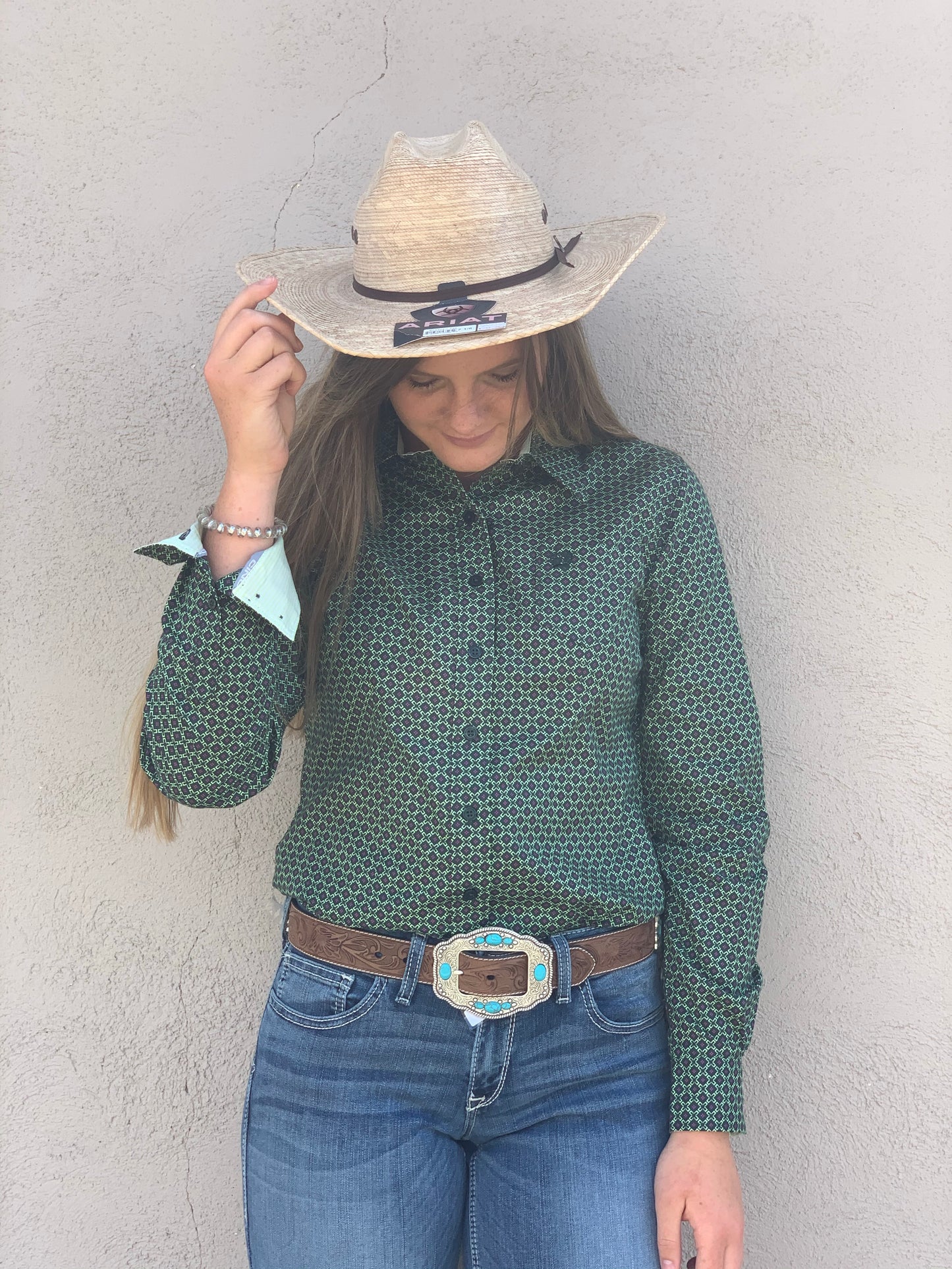 Women's Green and Purple Print Long Sleeve Button-Up Shirt-CINCH