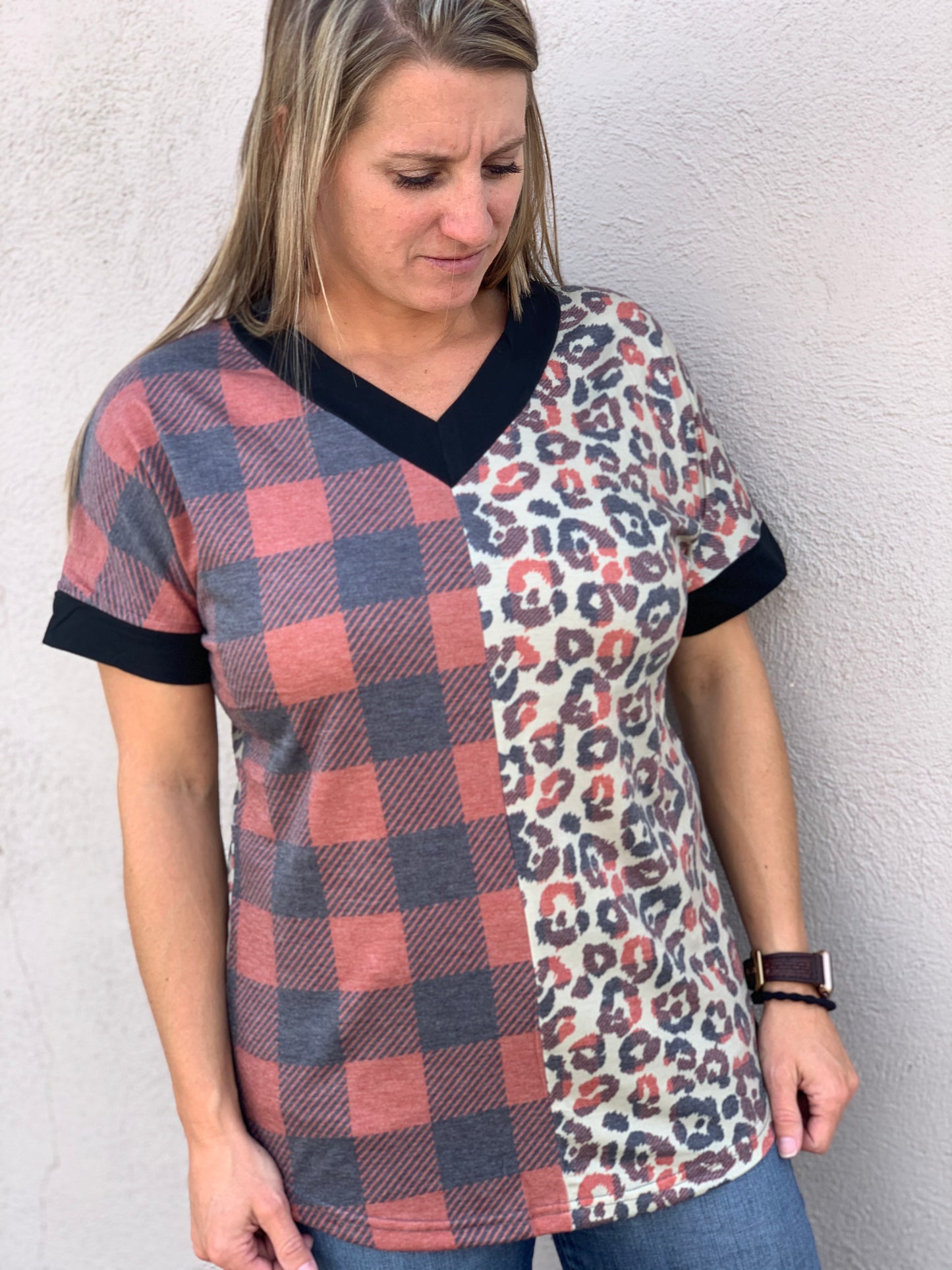 Crazy Train Frosty Festive Plaid and Leopard Tee