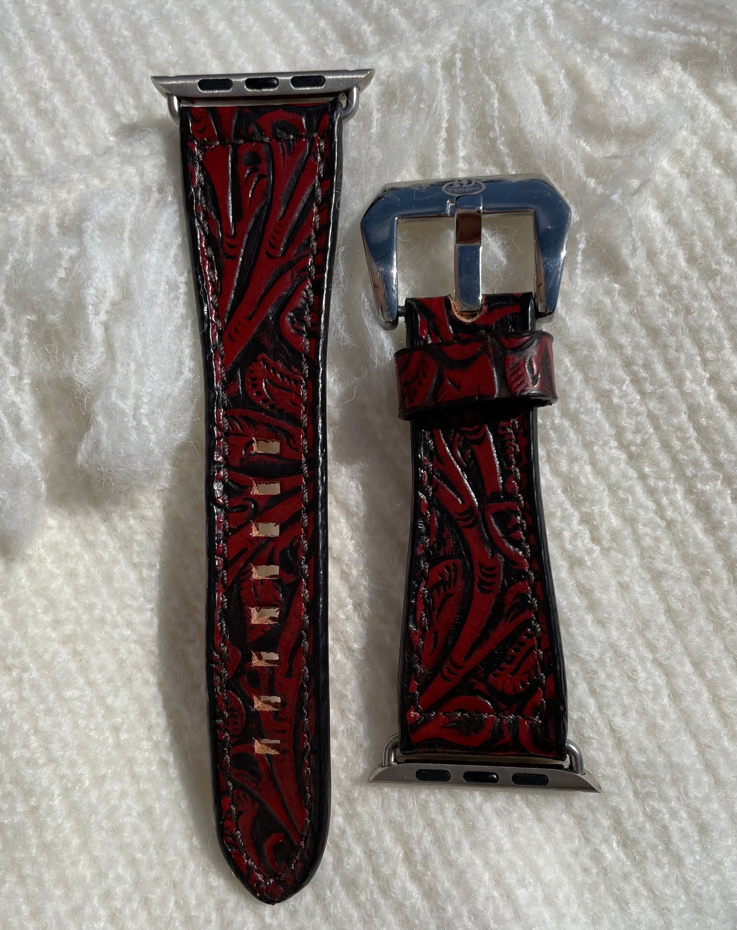 Leather Tapered Antique Red Floral Apple Watch Band