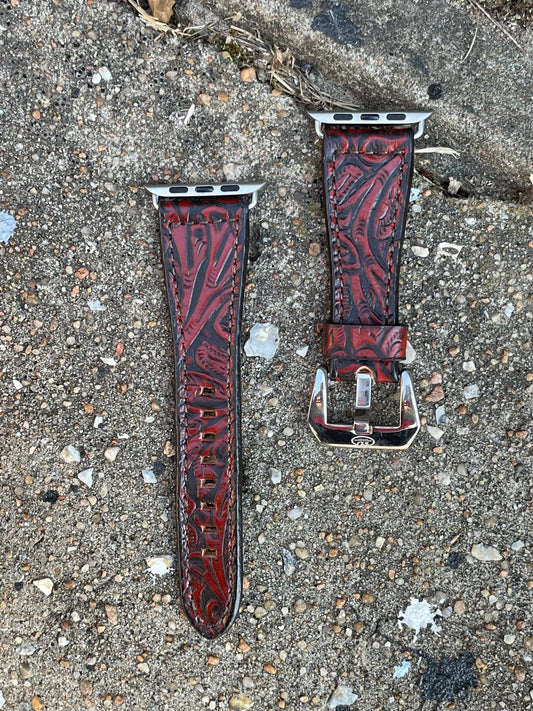 Leather Tapered Antique Red Floral Apple Watch Band