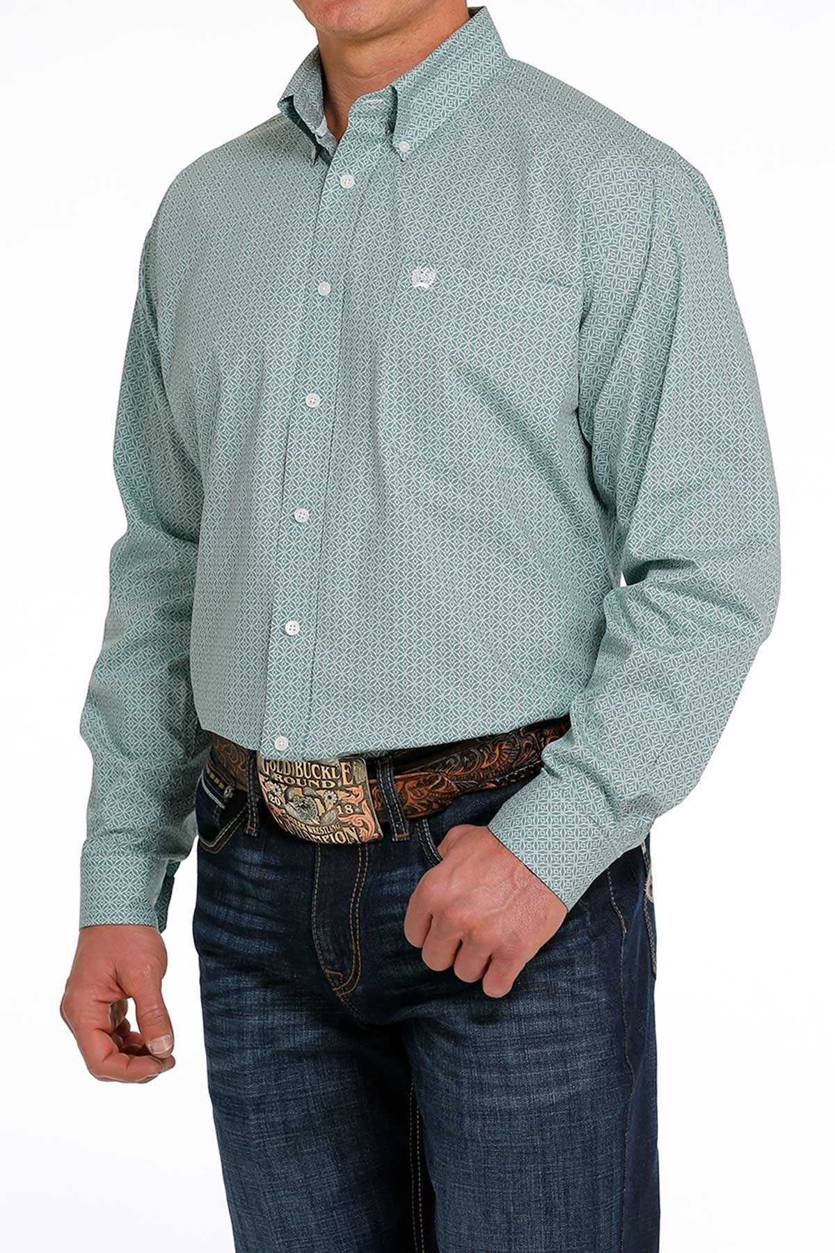 Cinch Men's Teal Geometric Print Button-Down Western Shirt
