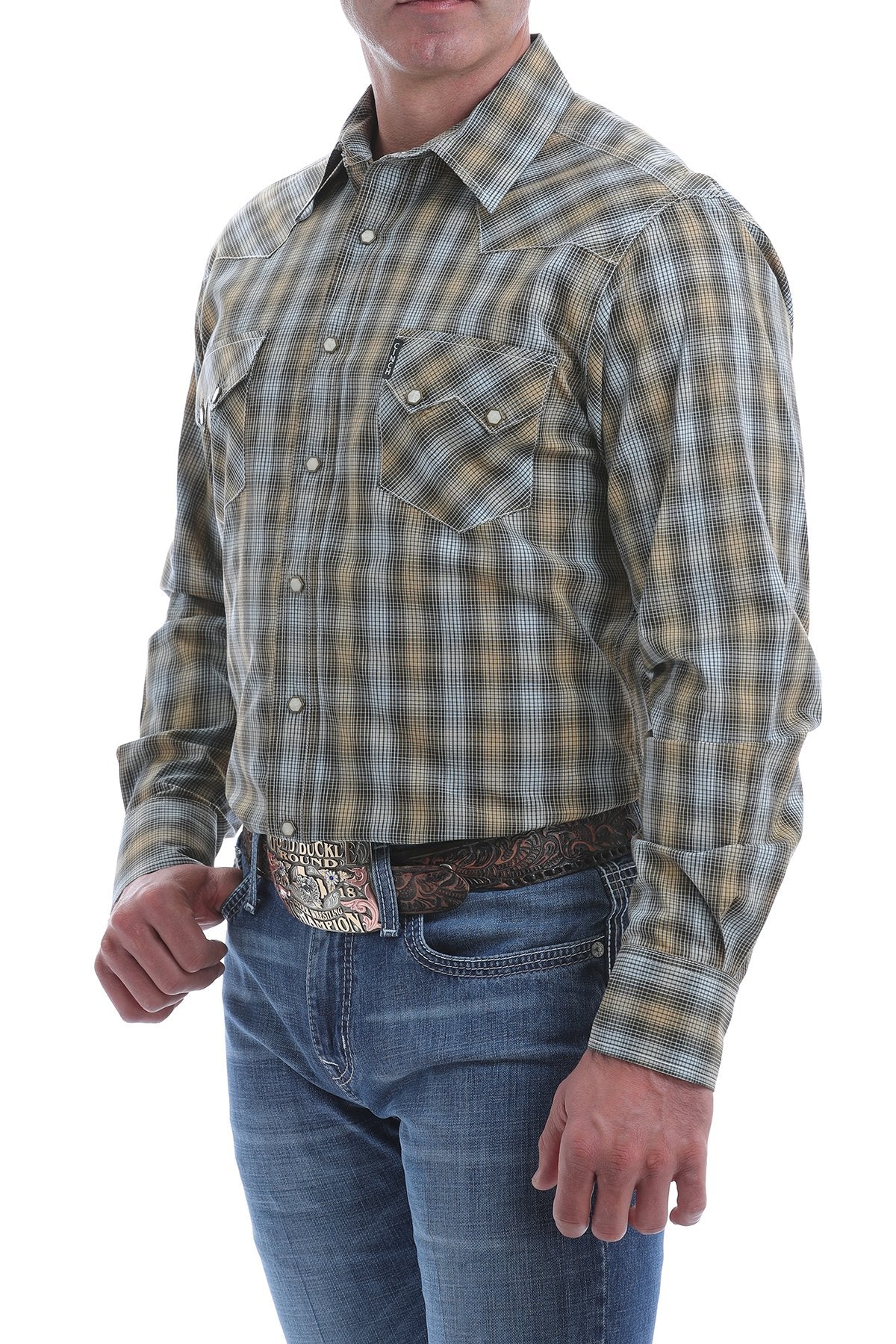 Men's Modern Fit Tan, Blue and Charcoal Plaid Western Snap Shirt