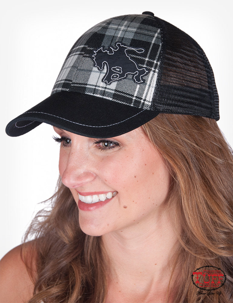 Cowgirl Tuff Black Plaid Trucker Cap with Buckin' Horse Patch