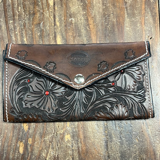 Tooled Leather Red Flower Wallet