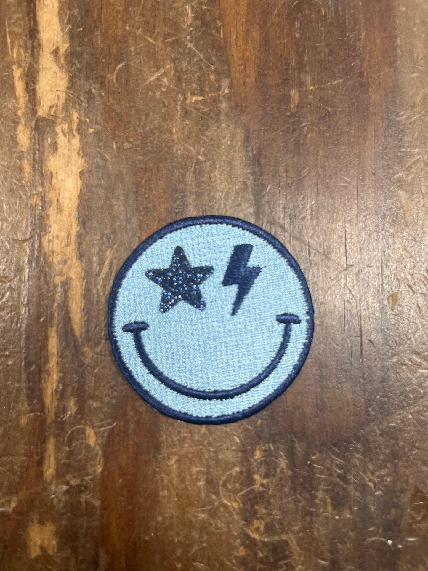 Blue Glitter Star Bolt Smiley Face Patch