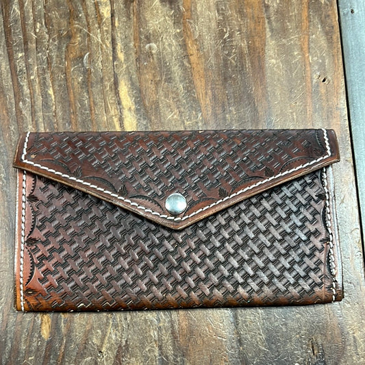 Tooled Leather Brown Basket Wallet