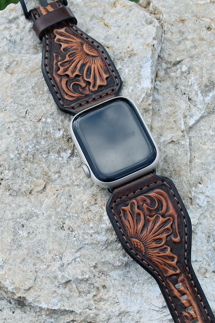 Leather Apple Watch Band Hand Carved Sheridan Flower Design