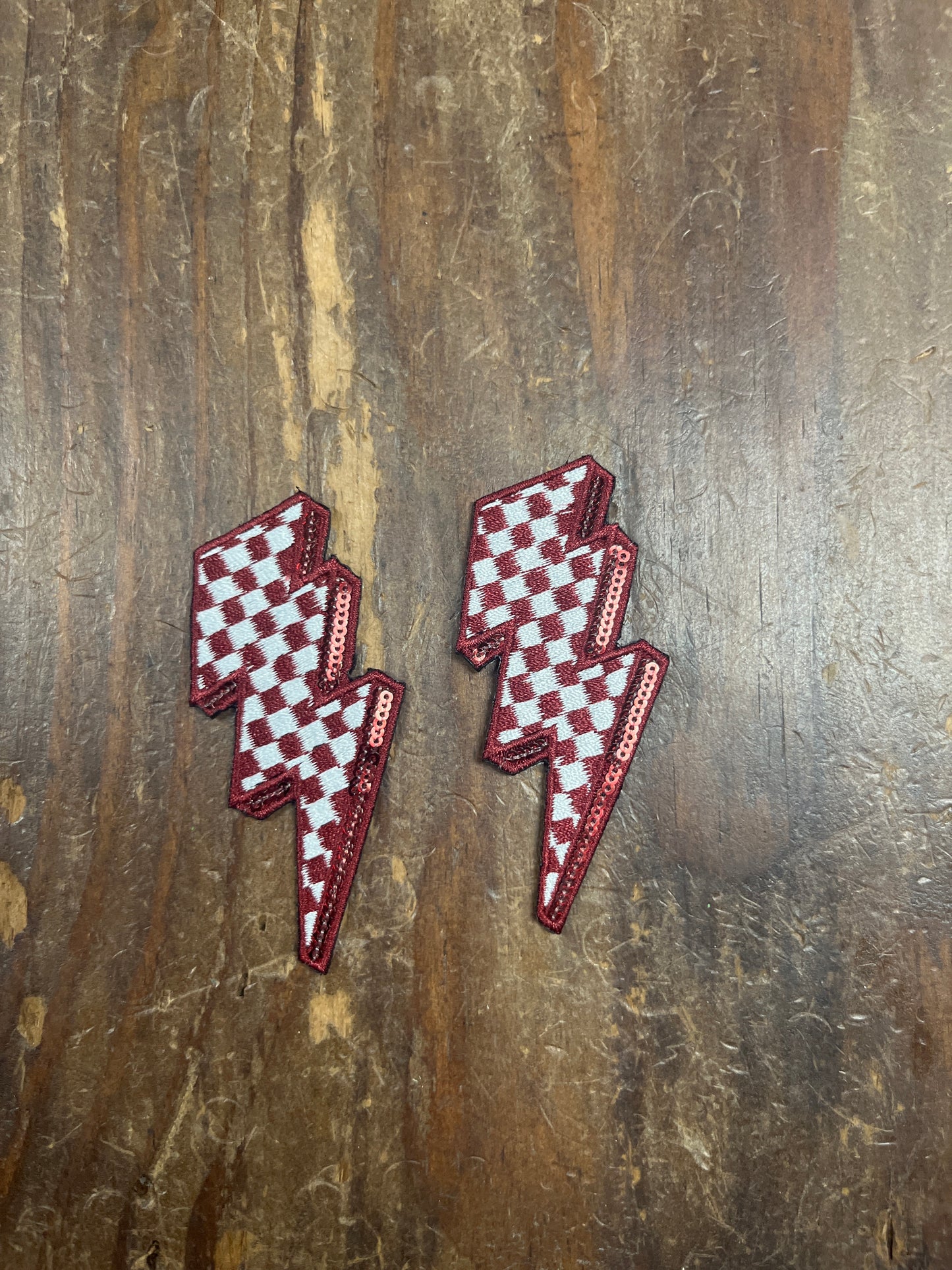 Maroon Sequins Checkered Lightning Bolt Patch