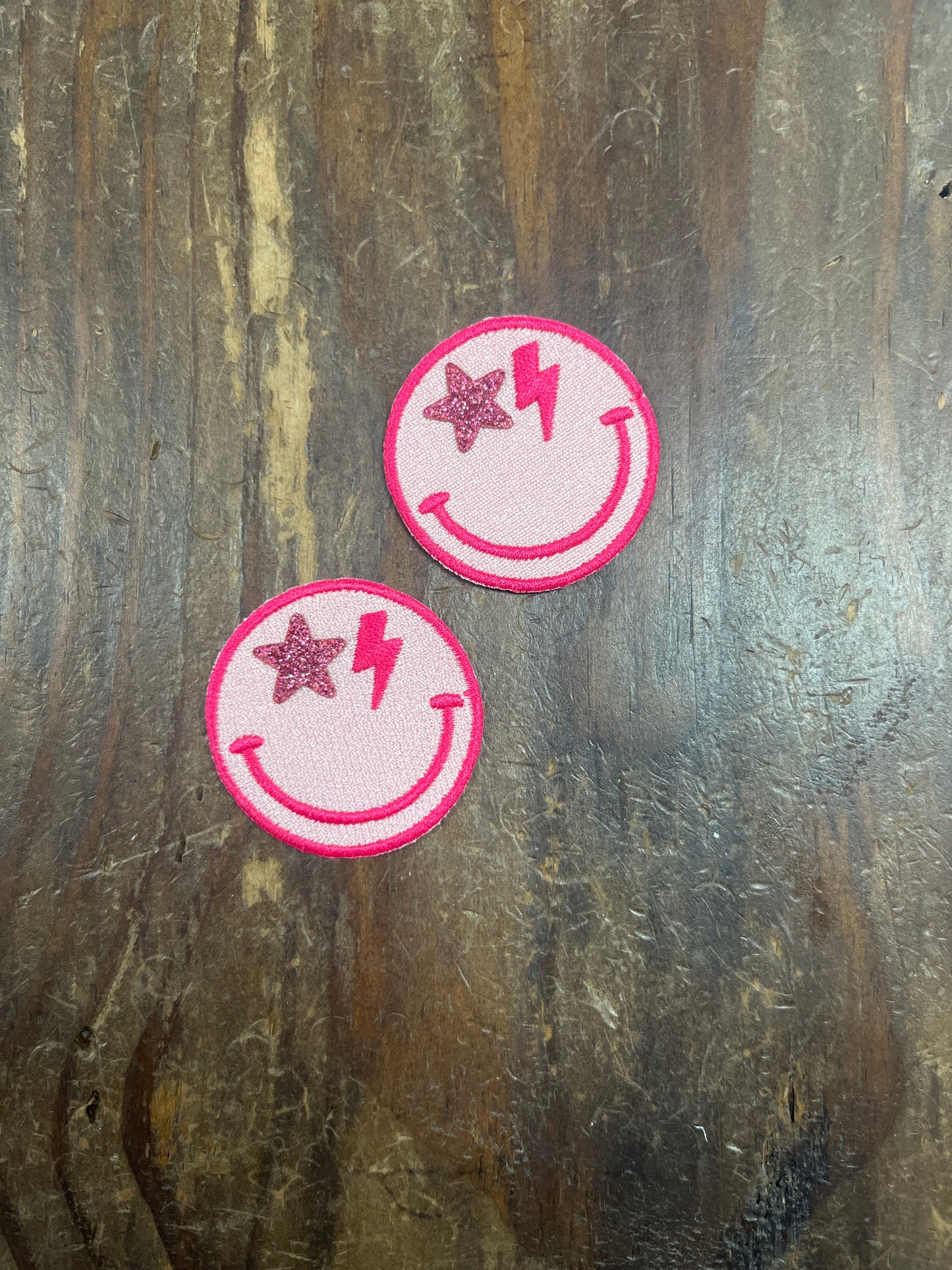 Pink Glitter Bolt Smiley Face Patch