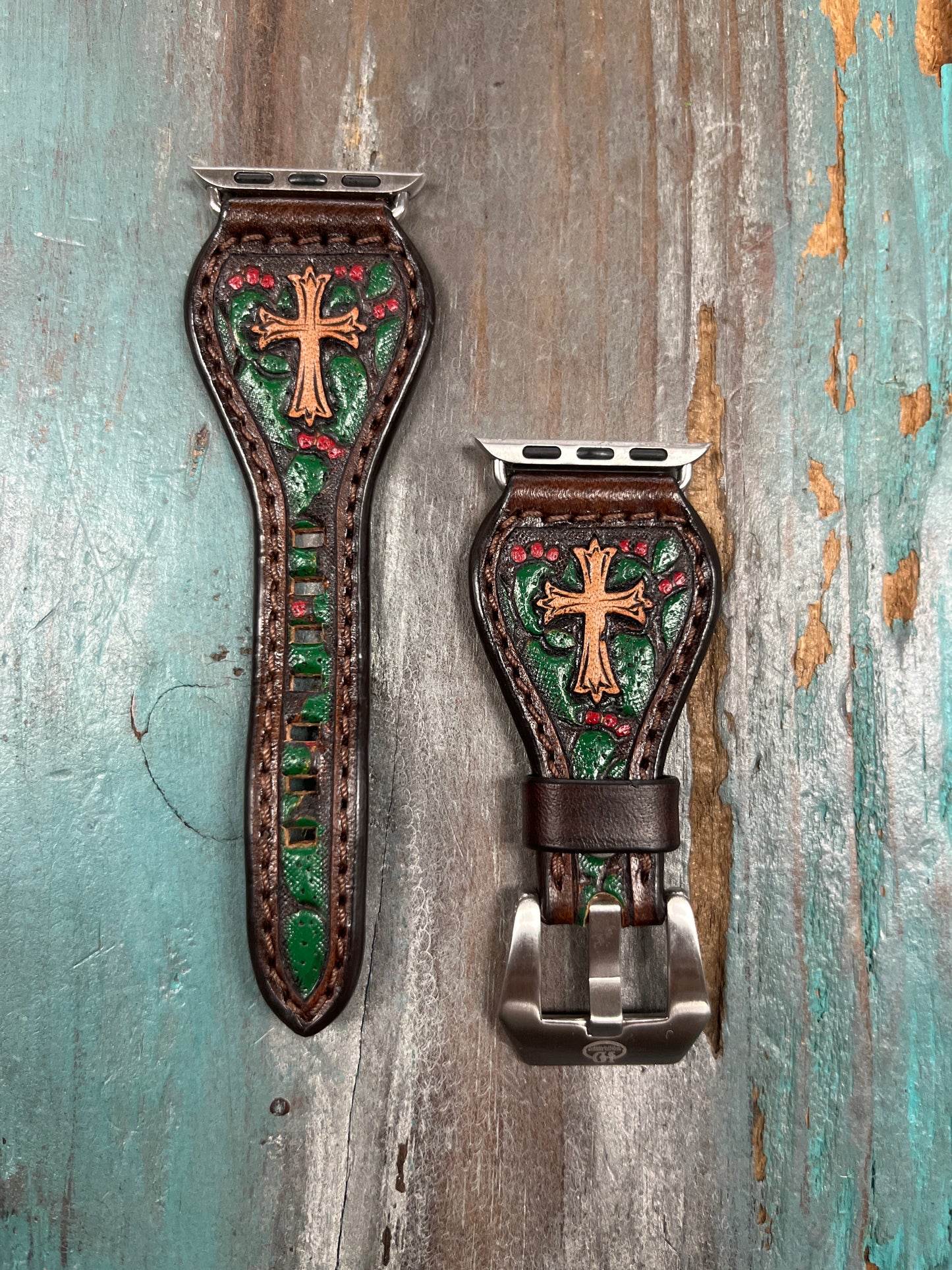 Leather Apple Watch Band Hand Carved Cactus with Cross Design